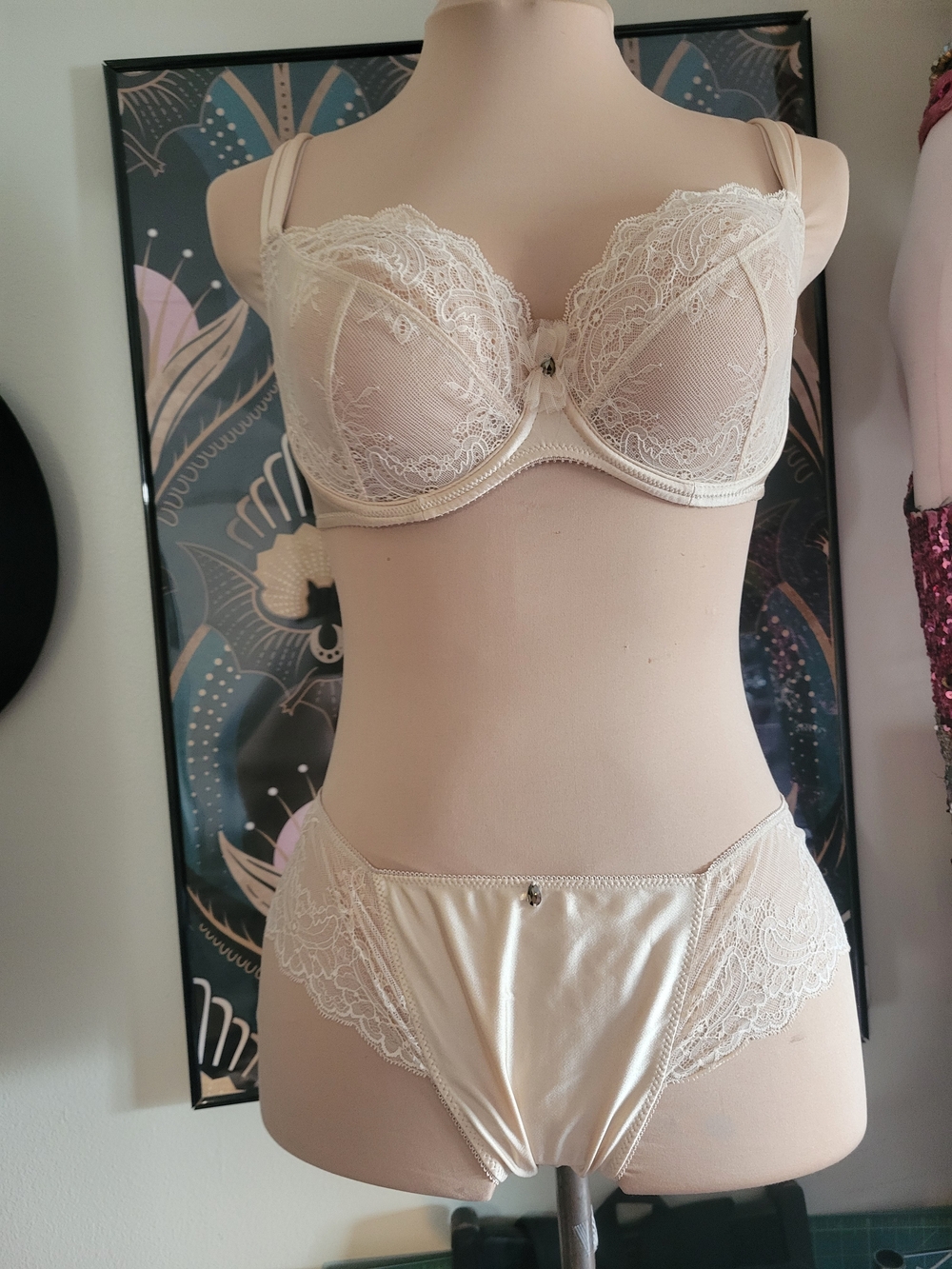 Lace-Trim Satin Bra and Brief Set in Cream